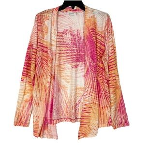 Nwot Chicos Palm Leaf Linen Open Front Cardigan M Pink Orange Boho Indie Beachy